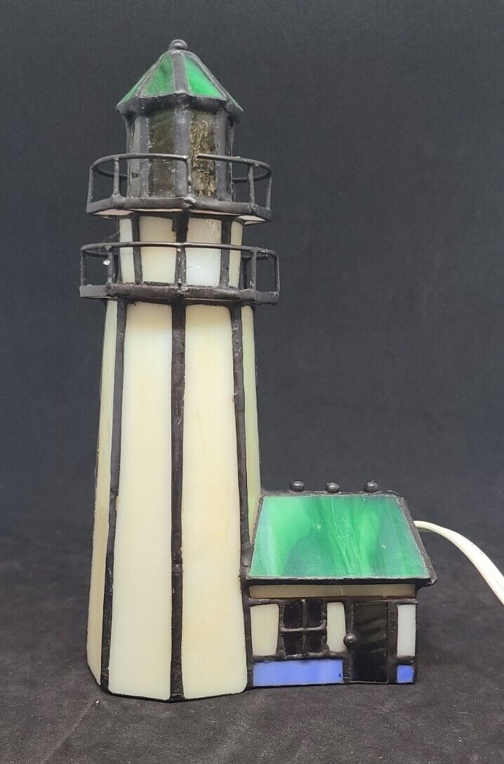 Lighthouse Cabin Table Lamp Night Light Stained Glass Multi Color