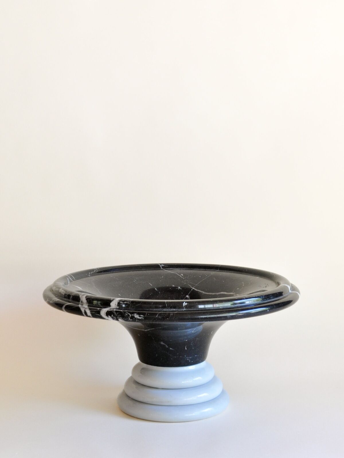Monumental Italian Black & White Marble Bowl with Ring Pedestal Base