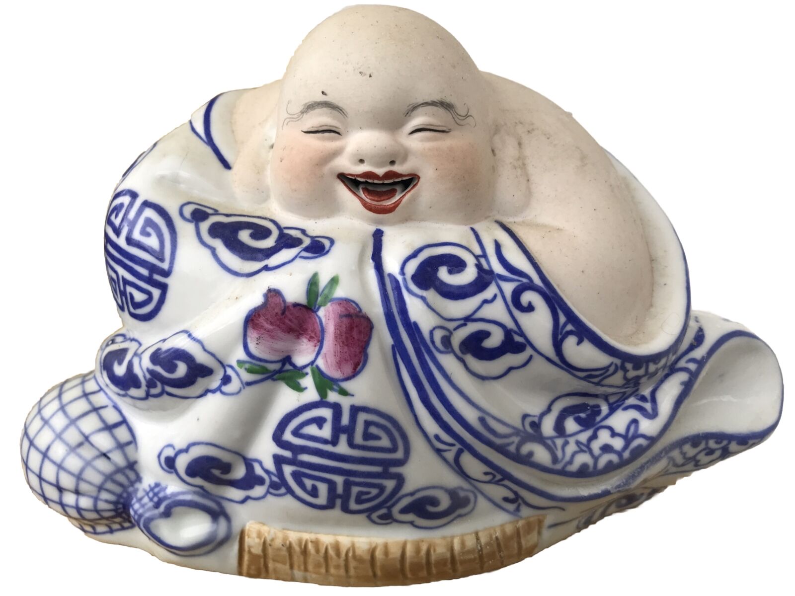 Vintage Buddha Chinese Blue & White  Laughing Hotei Buddha Statue Happy Vibes💕