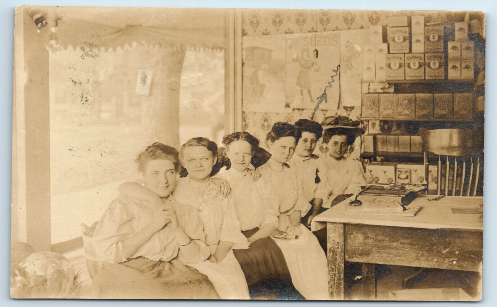 Postcard (Identified) Young Girls in Grocery Store Quaker Corn Flakes RPPC B198