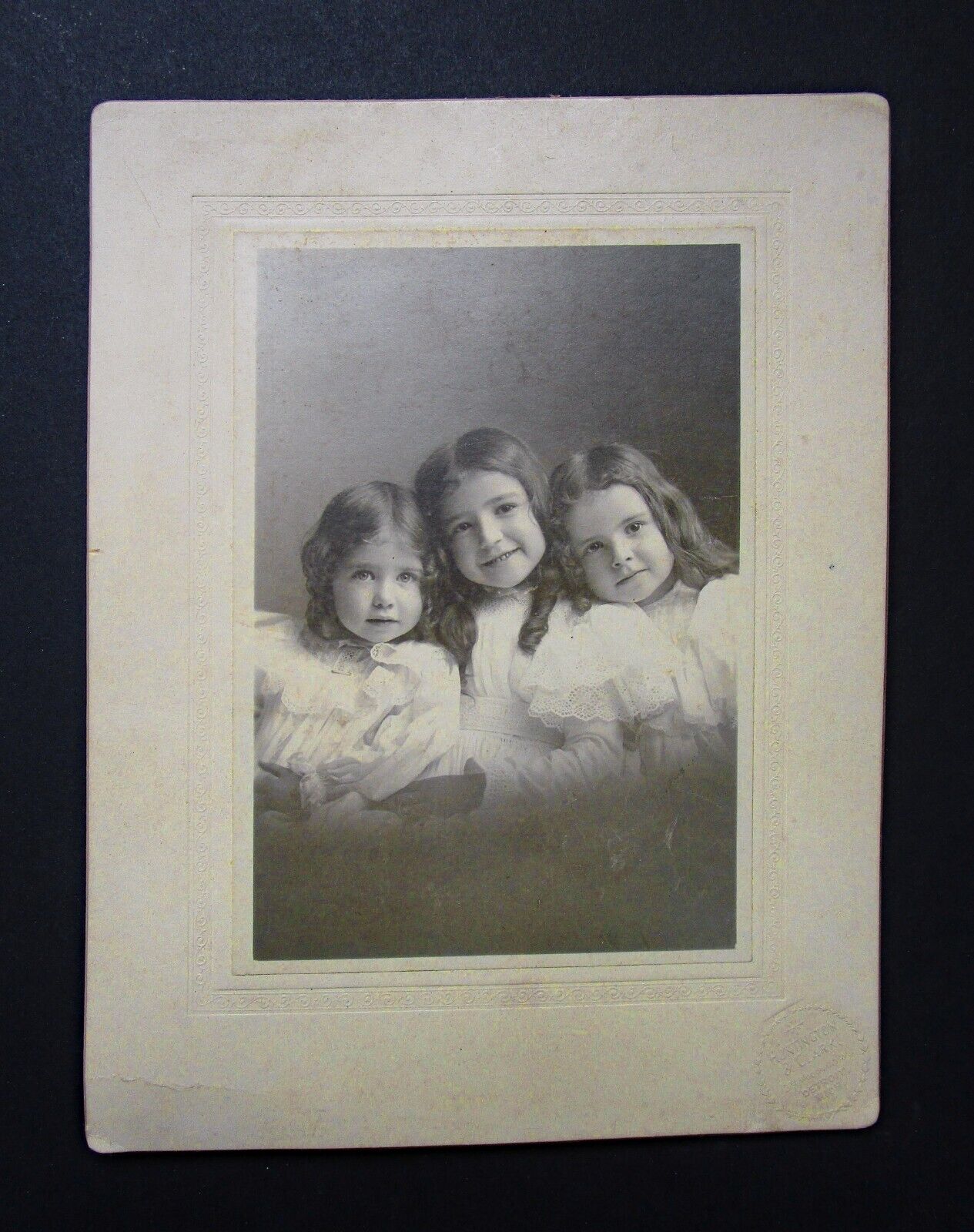 Antique Cabinet Card Photo Portrait Three Young Girls with White Dresses Detroit