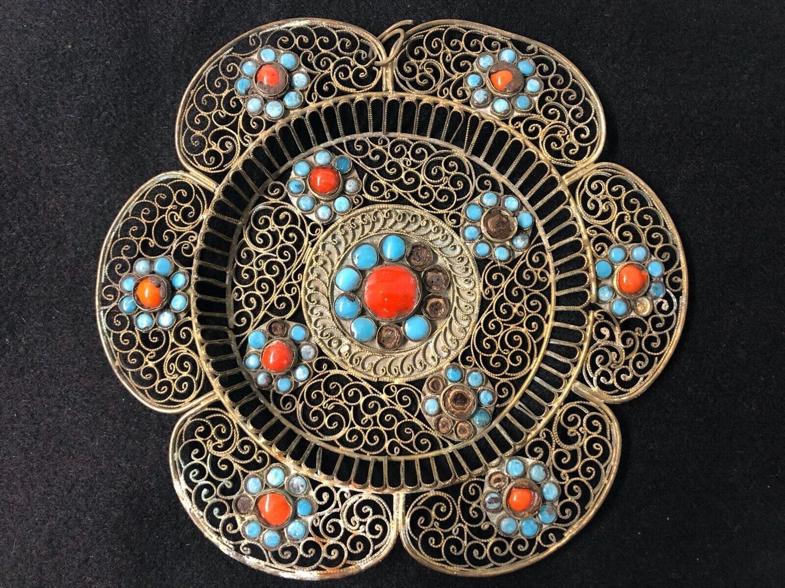 Antique Chinese Tibetan Buddha Brass Filigree Turquoise 