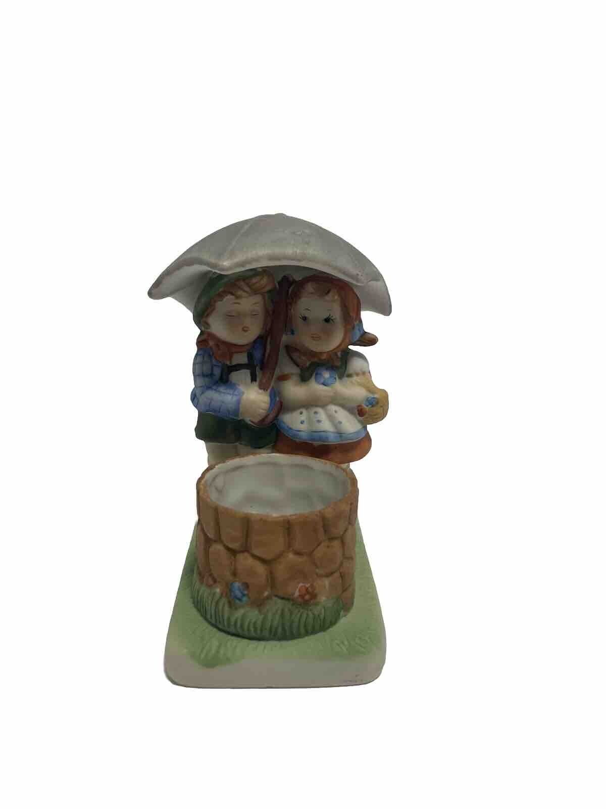 Vintage Figurine Boy and Girl Candle Holder Wishing Well Umbrella 1981 WA Taiwan