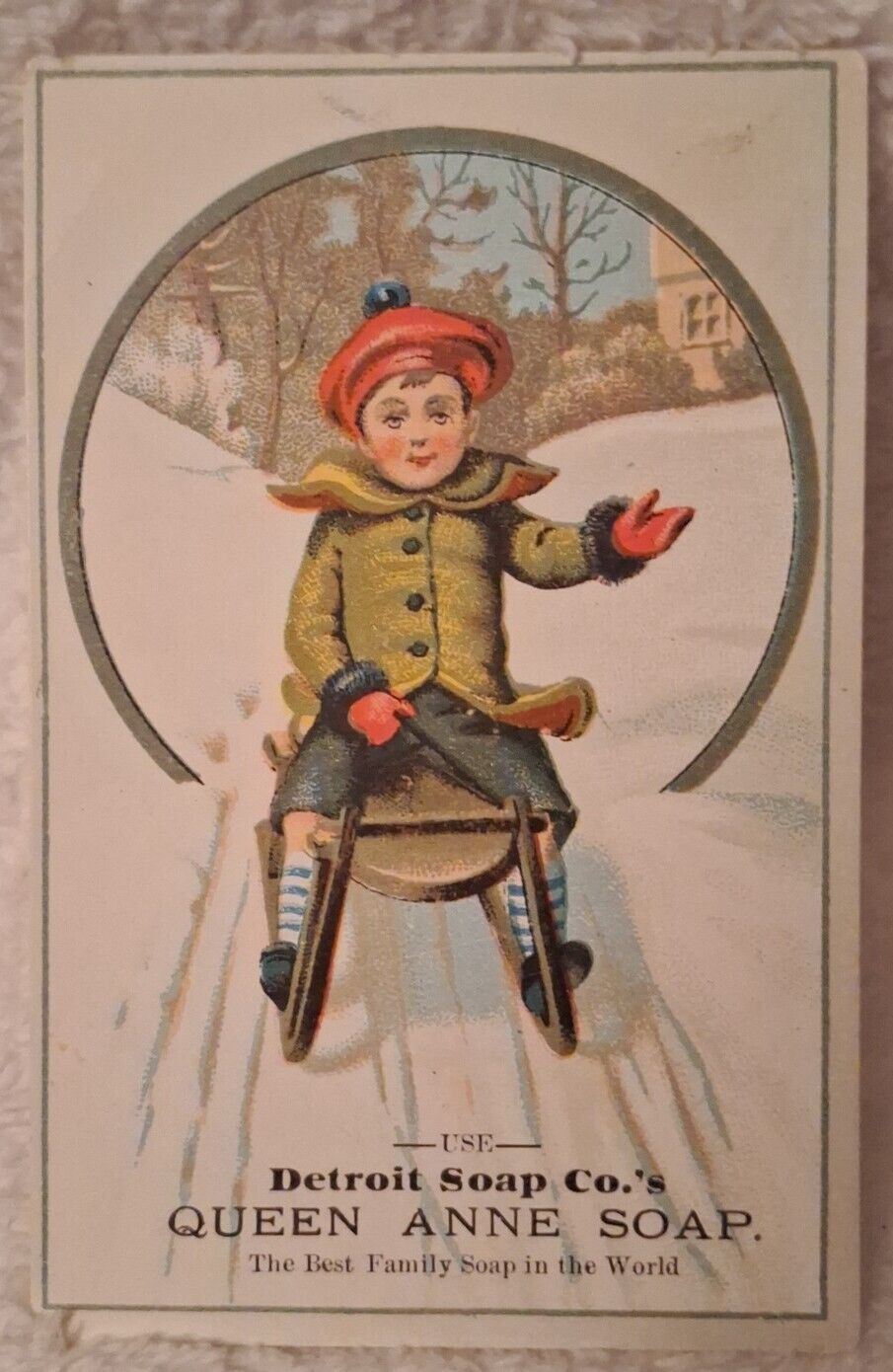 Victorian Trade Card 1880\'s Detroit Soap Co.~ Queen Anne Soap~ Boy Sledding Snow