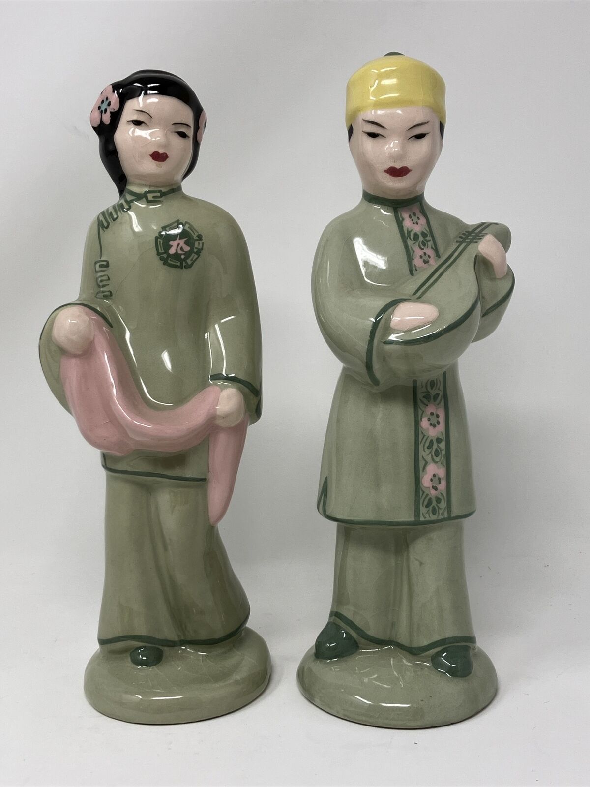 Vintage Chinese Porcelain Figurine Statue Man w/ Lute Woman Couple Pair