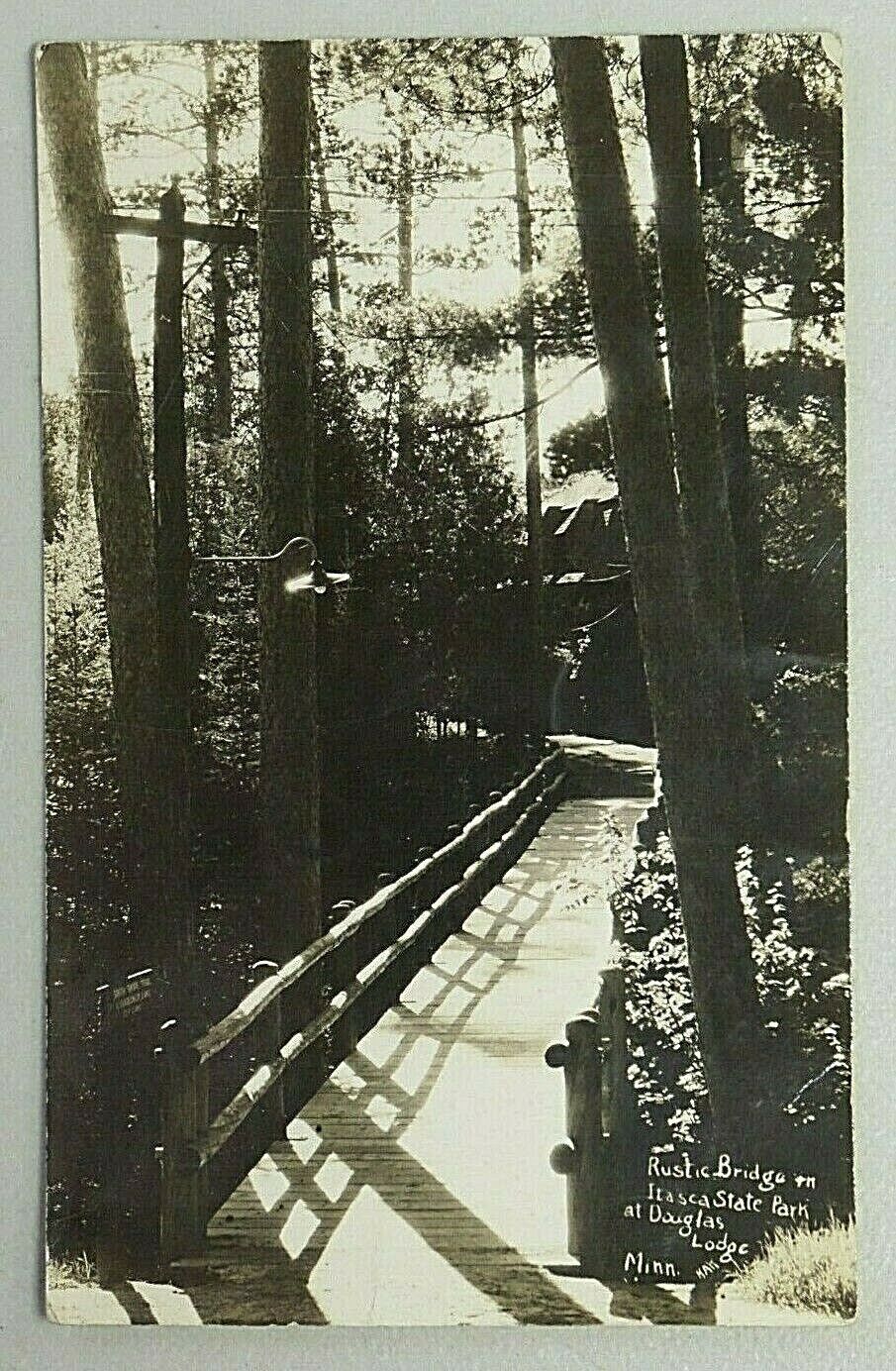 Rustic Bridge Itasca State Park Douglas Lodge Minnesota 1940 RPPC Postcard 5181