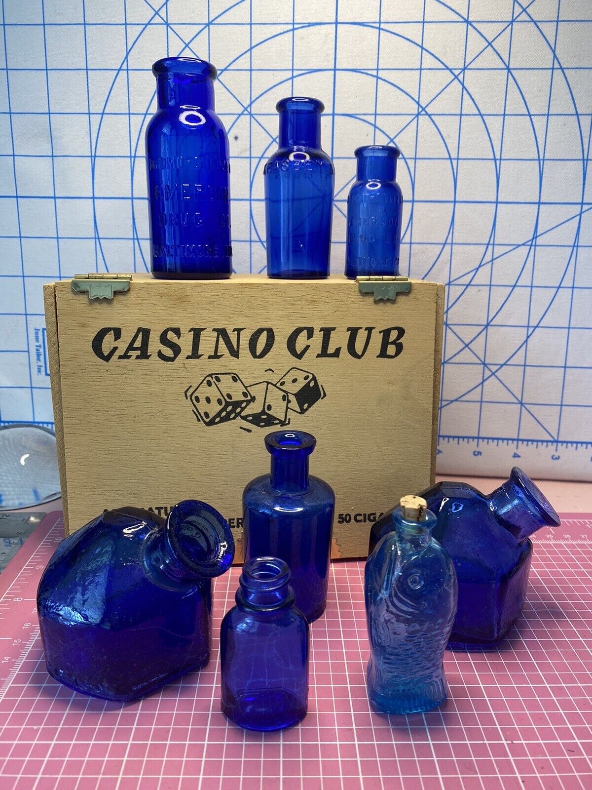 Antique Deep Blue Bottles 8 Including Box