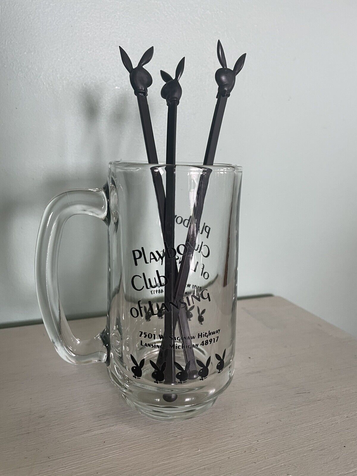 Playboy Club Of Lansing Michigan, ClearGlass Beer Stein With 3 Bunny Stirrers