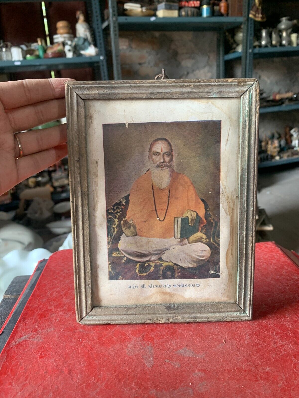1900's Old Rare Vintage Mahant Shri Trikamdasji Bhagwand Lithograph Print Framed