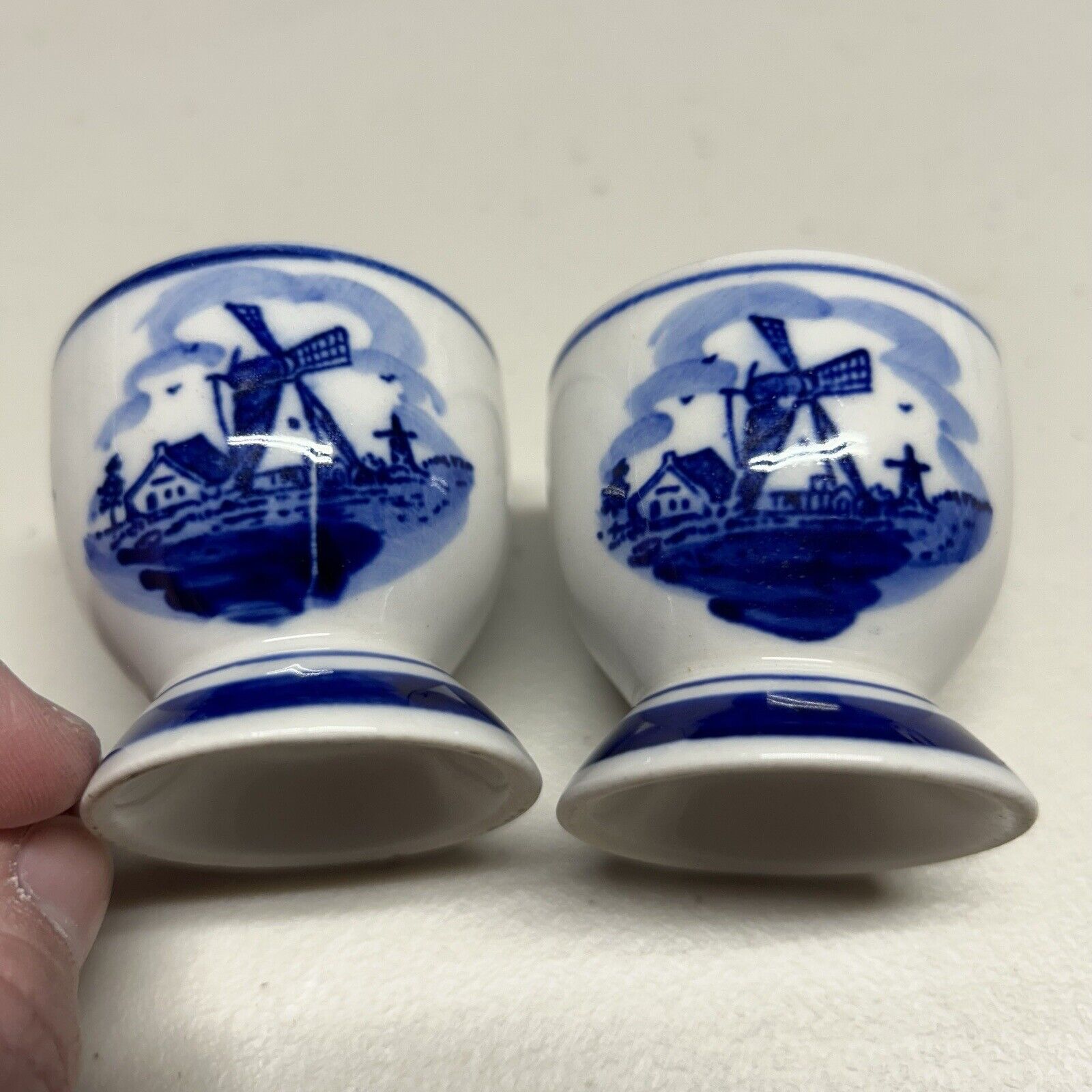 Two Vintage Delft Blue White Hand Painted Windmill Egg Cup Holland Easter #131