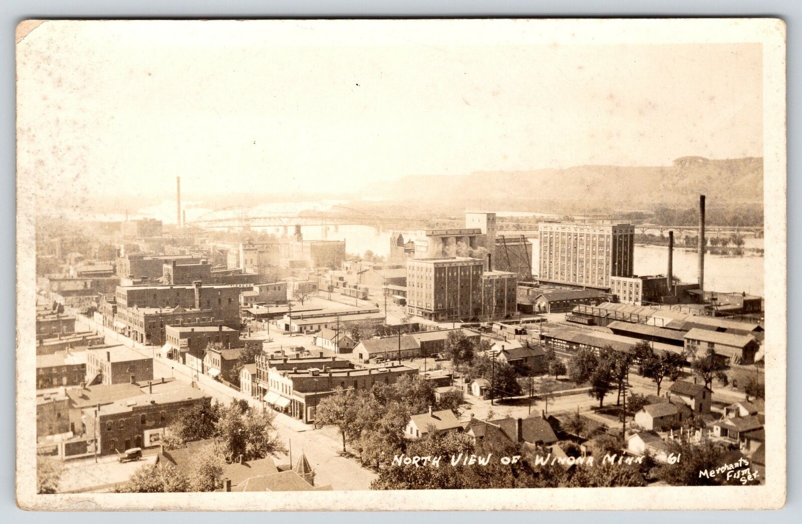 Winona Minnesota~North Birdseye View~Downtown Main Street~Flour Mill~c1922 RPPC