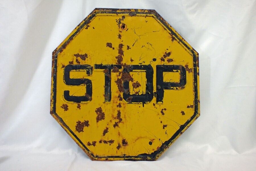 Vintage Early Heavy Gauge Embossed Steel Stop Sign Yellow 24 Inch