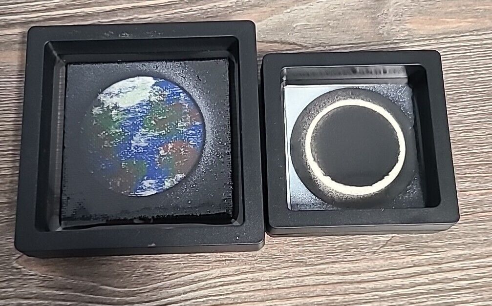 2024 Total Solar Eclipse Hand Paint With MOON Earth Art Floating FRAME 2 Side