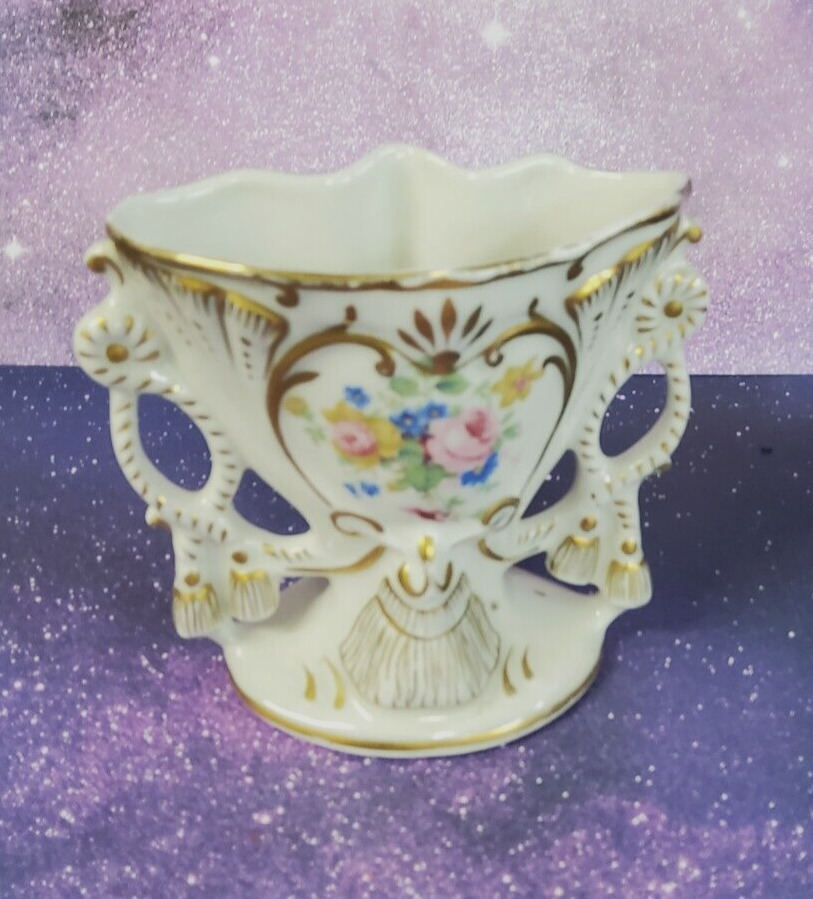 Vintage 1940’s Amoges Hand Painted Gold Gilded Floral Tasseled Vase  4.5\