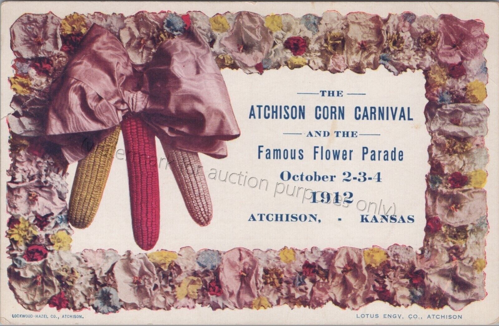 Atchison, KS - 1912 Corn Carnival + Famous Flower Parade vintage Kansas Postcard