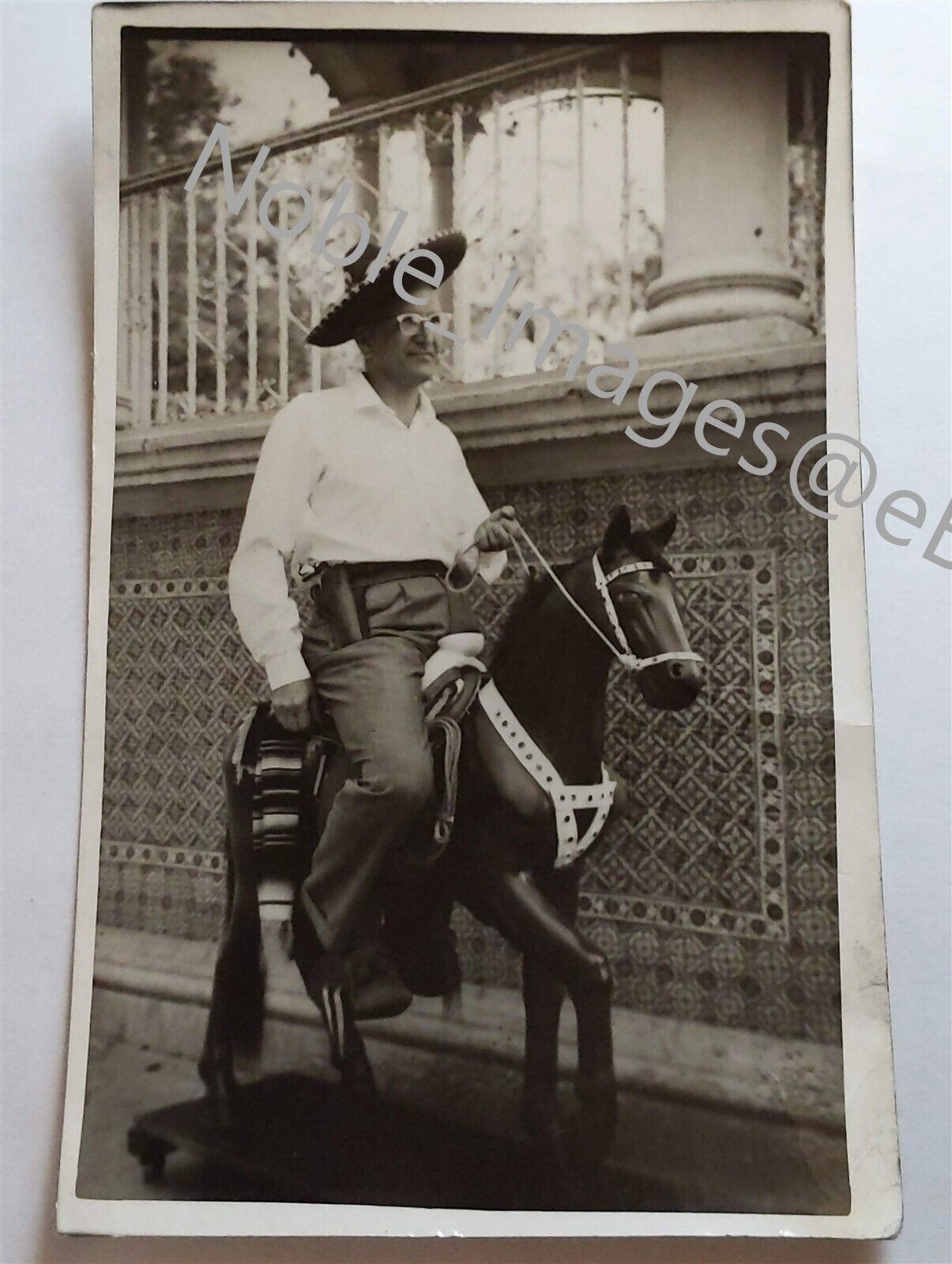 1950s Funny Man in Sombrero on Decorative Horse Photo RPPC