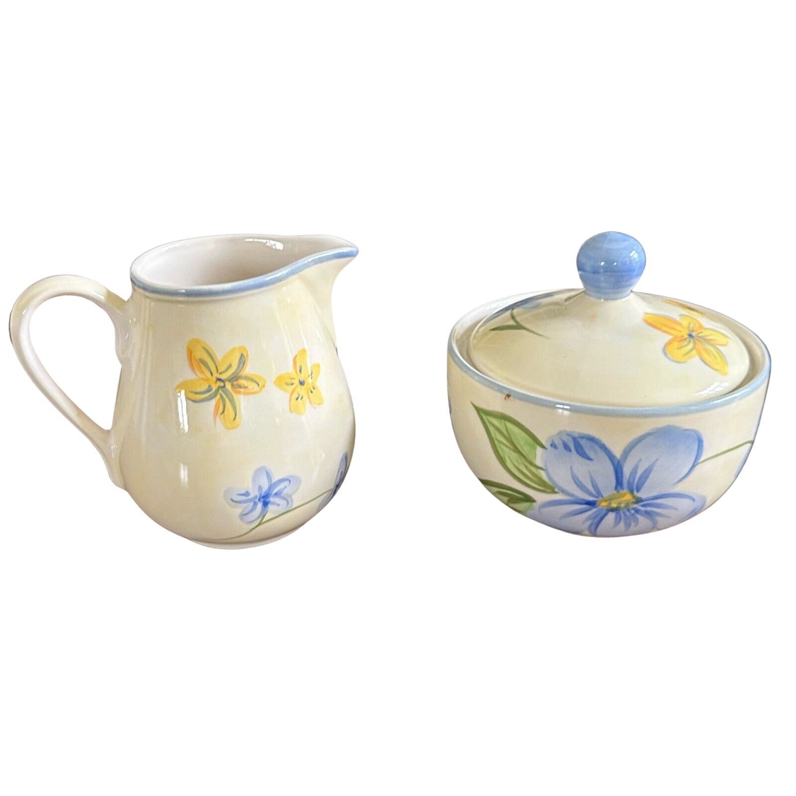 April Cornell Vintage 2001 Yellow/Blue Floral Creamer & Sugar Bowl With Lid