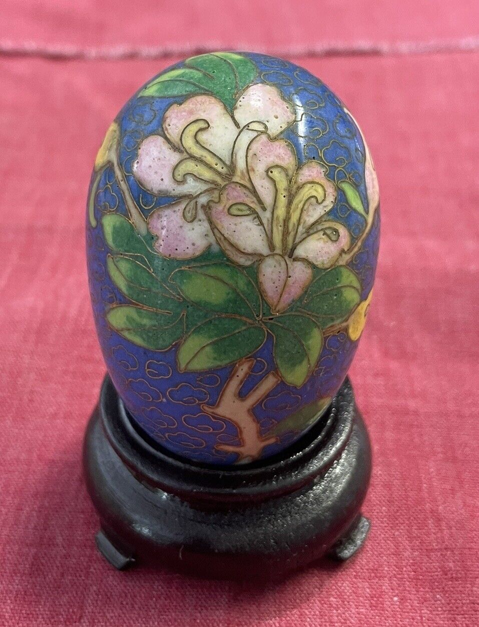 Vintage Easter Egg On Wood Stand Hand Painted Blue Pink Flowers