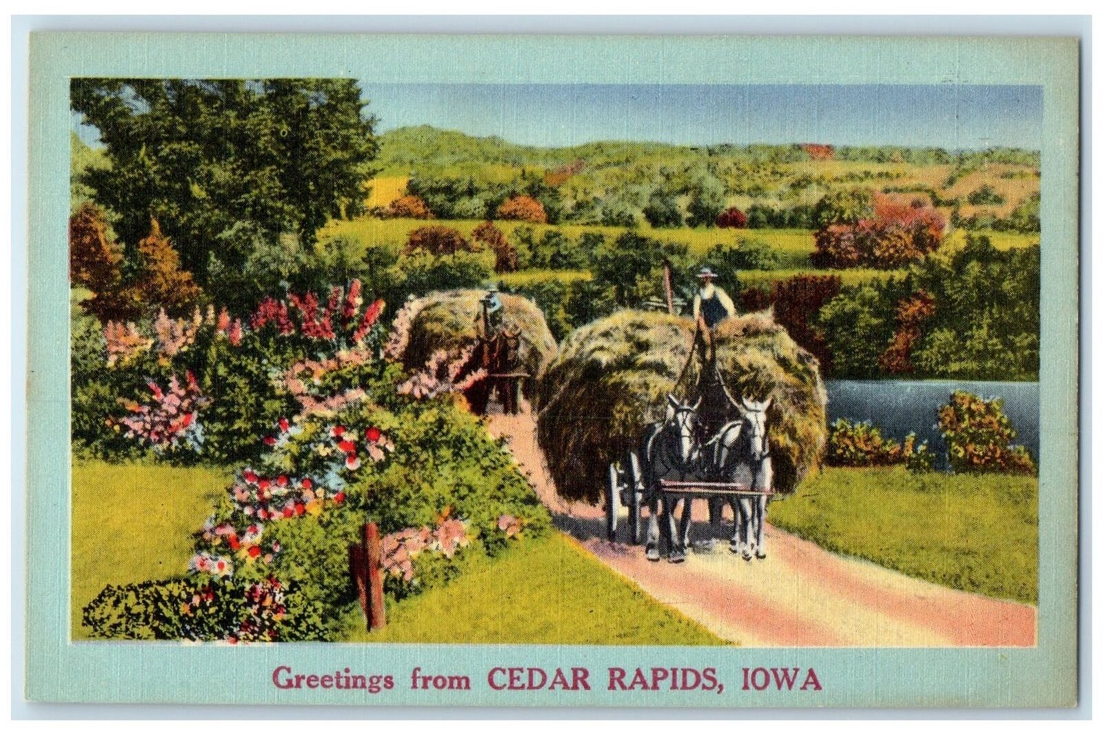 c1940\'s Greetings From Cedar Rapids Iowa IA Unposted Carriages Hays Postcard