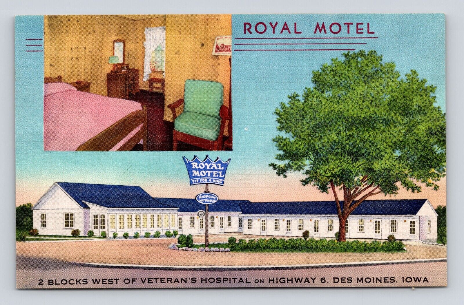Old Postcard Royal Motel Fit for a King Des Moines Iowa IA 1930-1940s