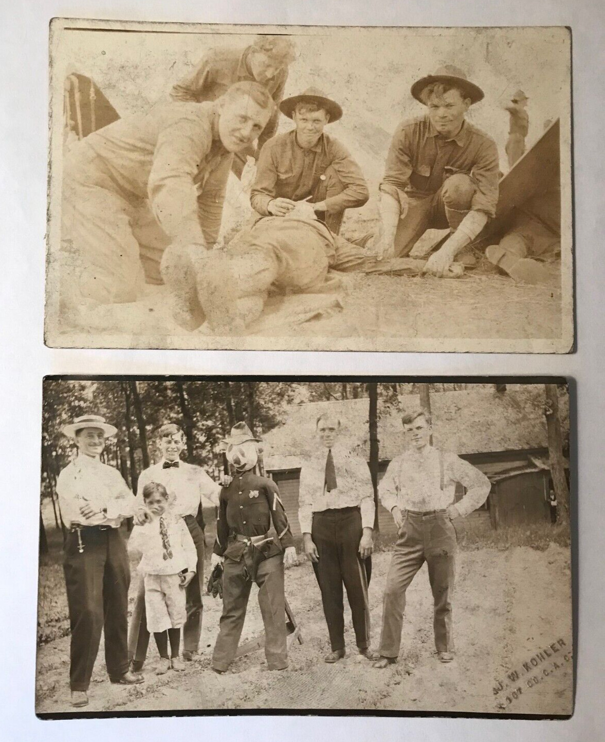 2 RPPC\'s Coast Artillery Soldiers and Scarecrow and Shaving at Fort Totten NY 