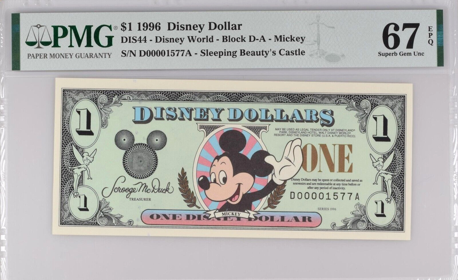 EXTREMELY RARE 1996 D $1 Disney Dollar DIS44 PMG 67EPQ Disney World D00001577A