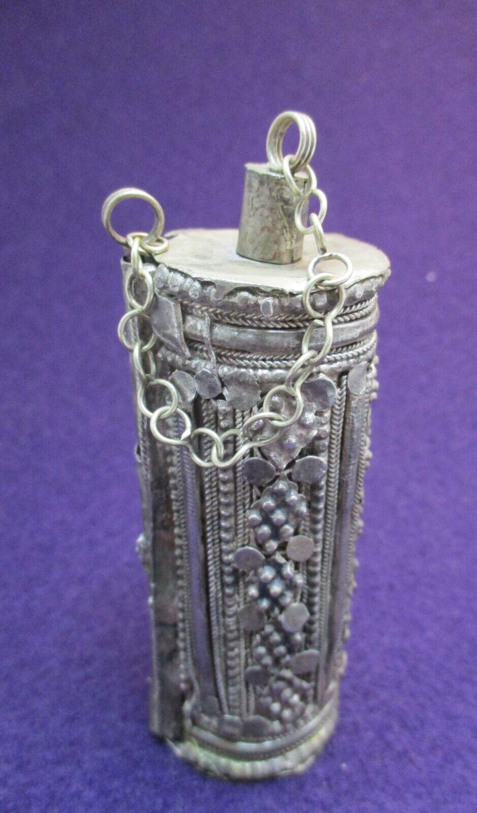 Beautiful Antique Bedouin Silver Kohl Container Box w/ Stopper & Applicator # 1