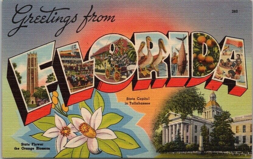 1940s FLORIDA Large Letter Postcard State Capitol & Flower / Tichnor LINEN