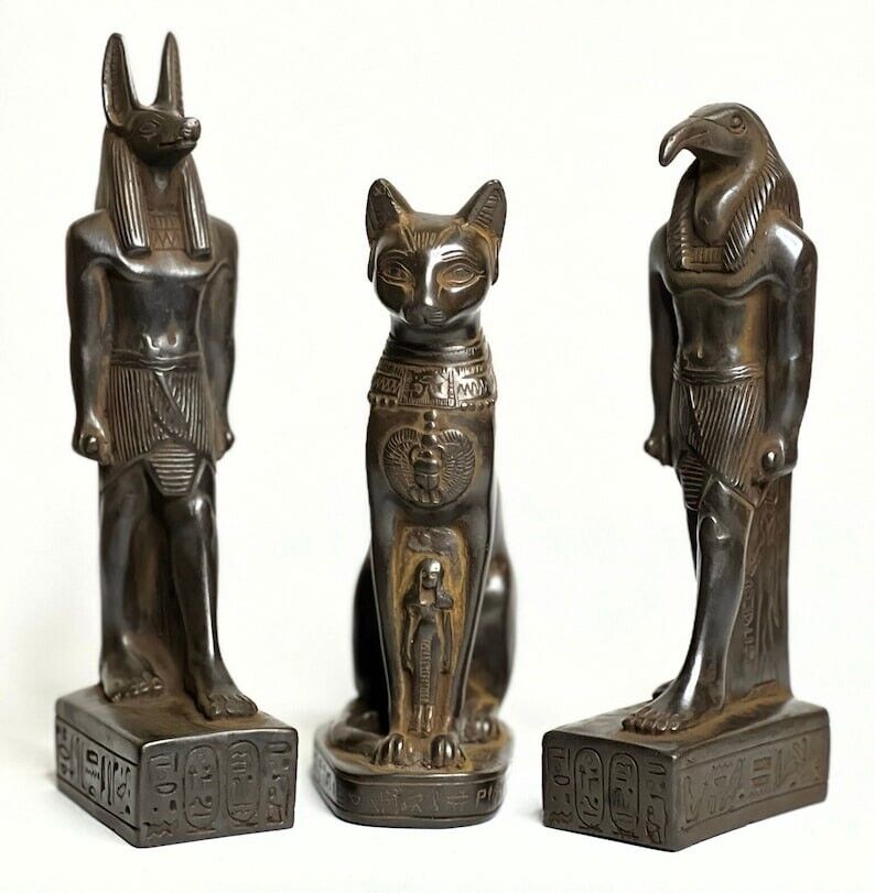 RARE ANCIENT amazing collection   3 Statue Anubis, Thoth, Bastet Cat BC