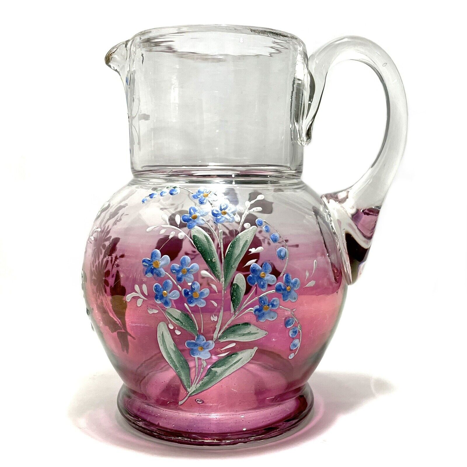Antique 1880s Victorian Hand Blown Glass Pitcher Hand Painted Flowers Ladybug