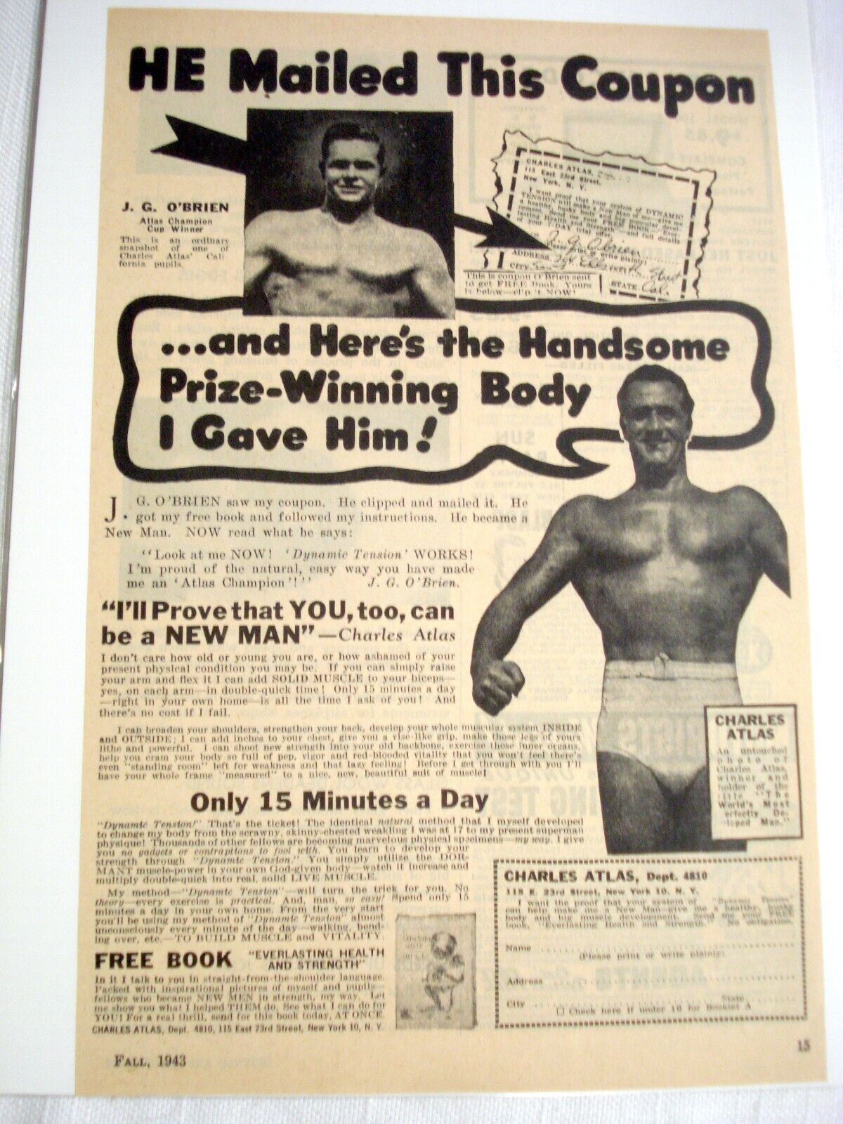 1943 Charles Atlas Ad Here\'s the Handsome Prize-Winning Body I Gave Him