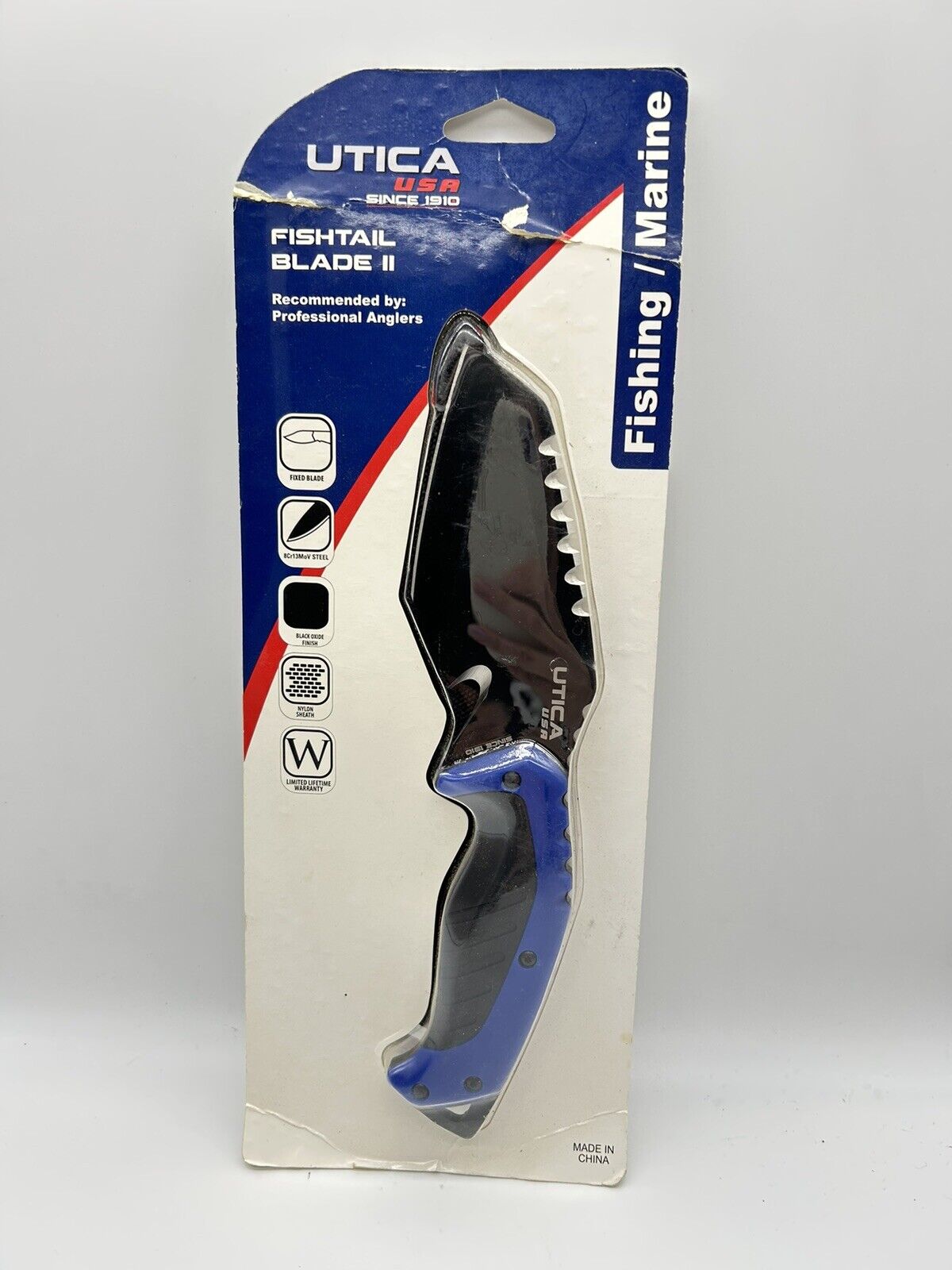 Utica Fishtail Knife 5.13 Sawback 8Cr13MoV Steel Blade Black/Blue Polymer Handle