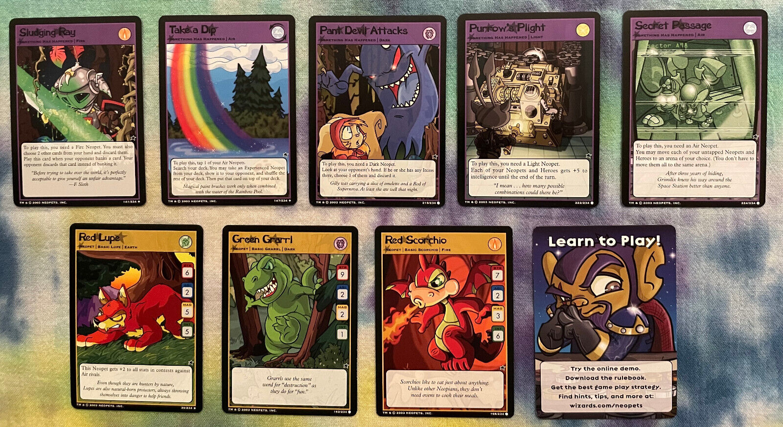 Lot of 9 NEOPETS 2003 TCG Purple and Yellow Cards from 234 Base set (see list)