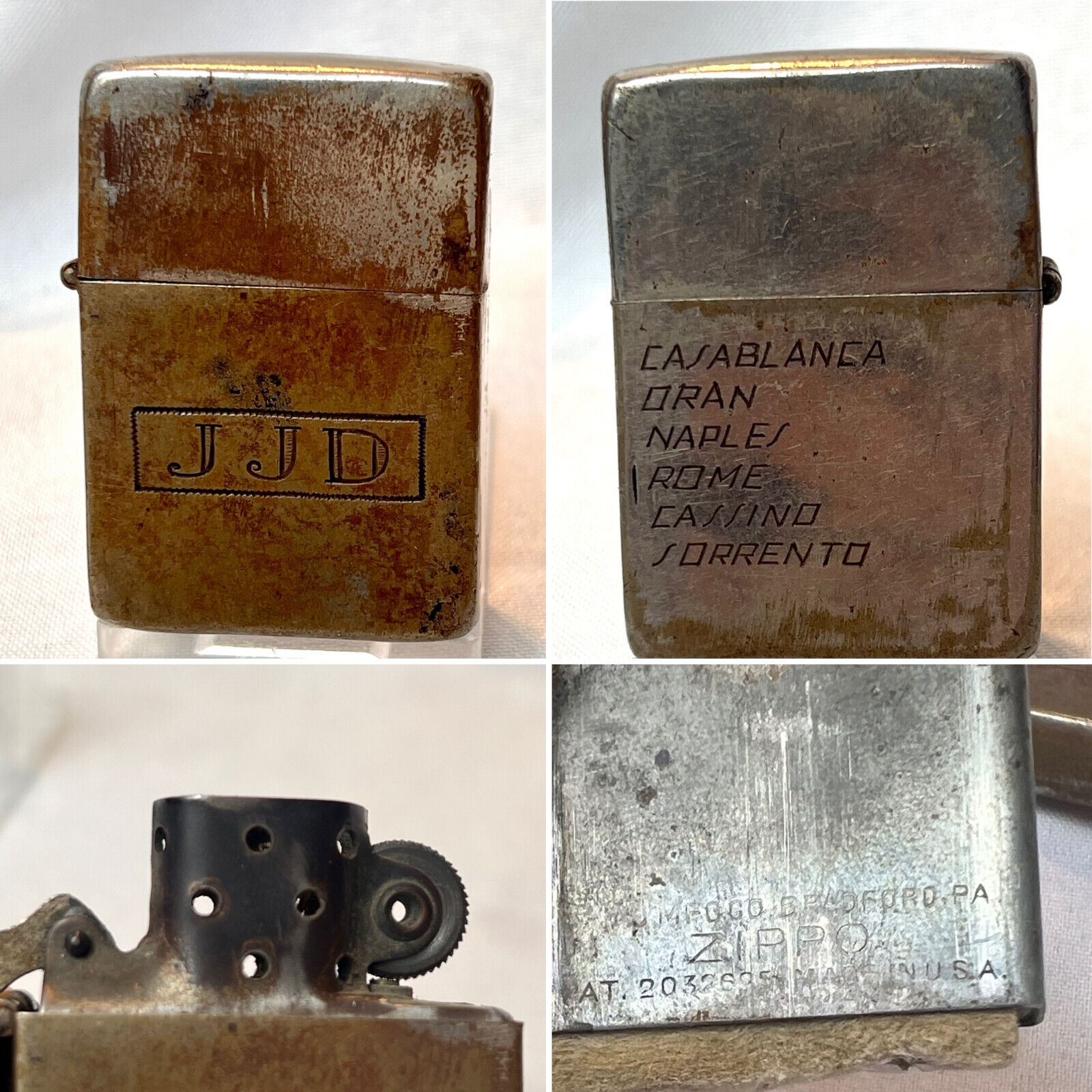 1936-1940 WW2 Zippo Lighter 3 Barrel Hinge 14 Hole Chimney In Theater Engravings
