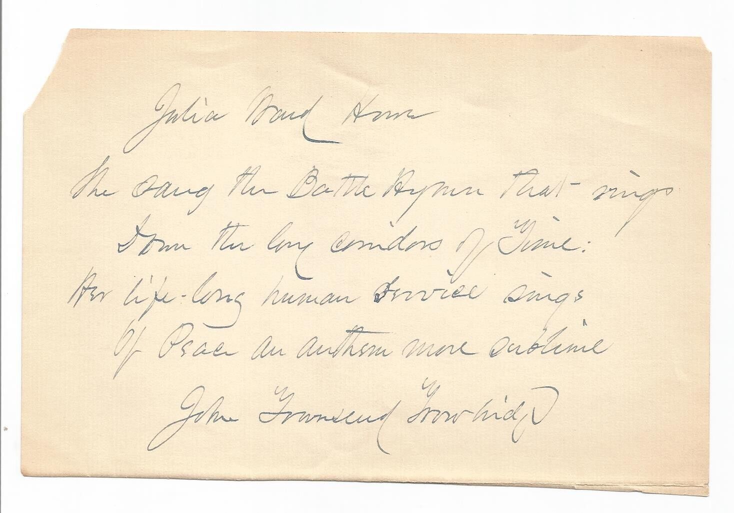 1900s Author John Townsend Trowbridge Letter to Famous Poet Julia Ward Howe