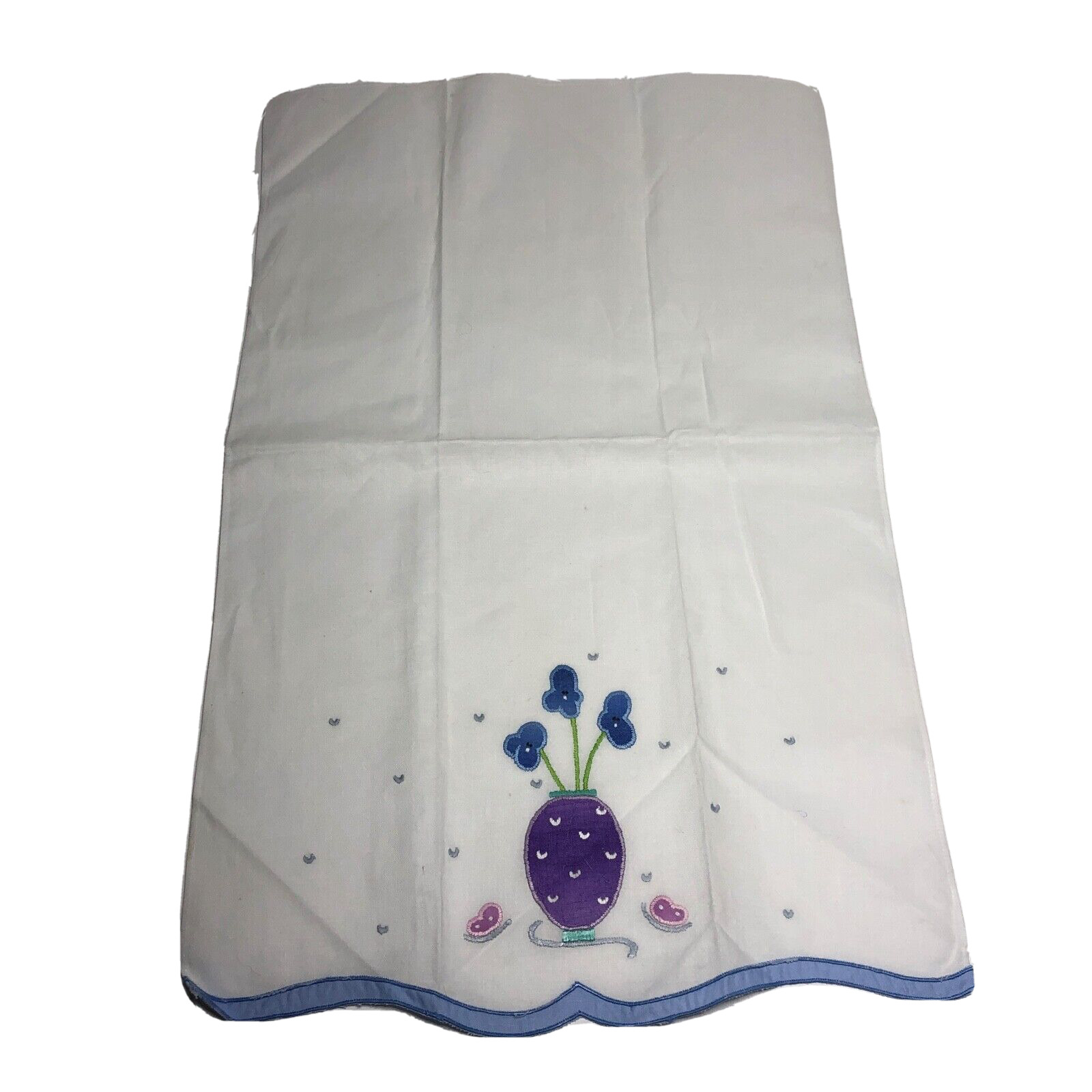 VTG White Appliquéd Embroidered Linen Hand Towel, Flower, Butterfly, Cottagecore