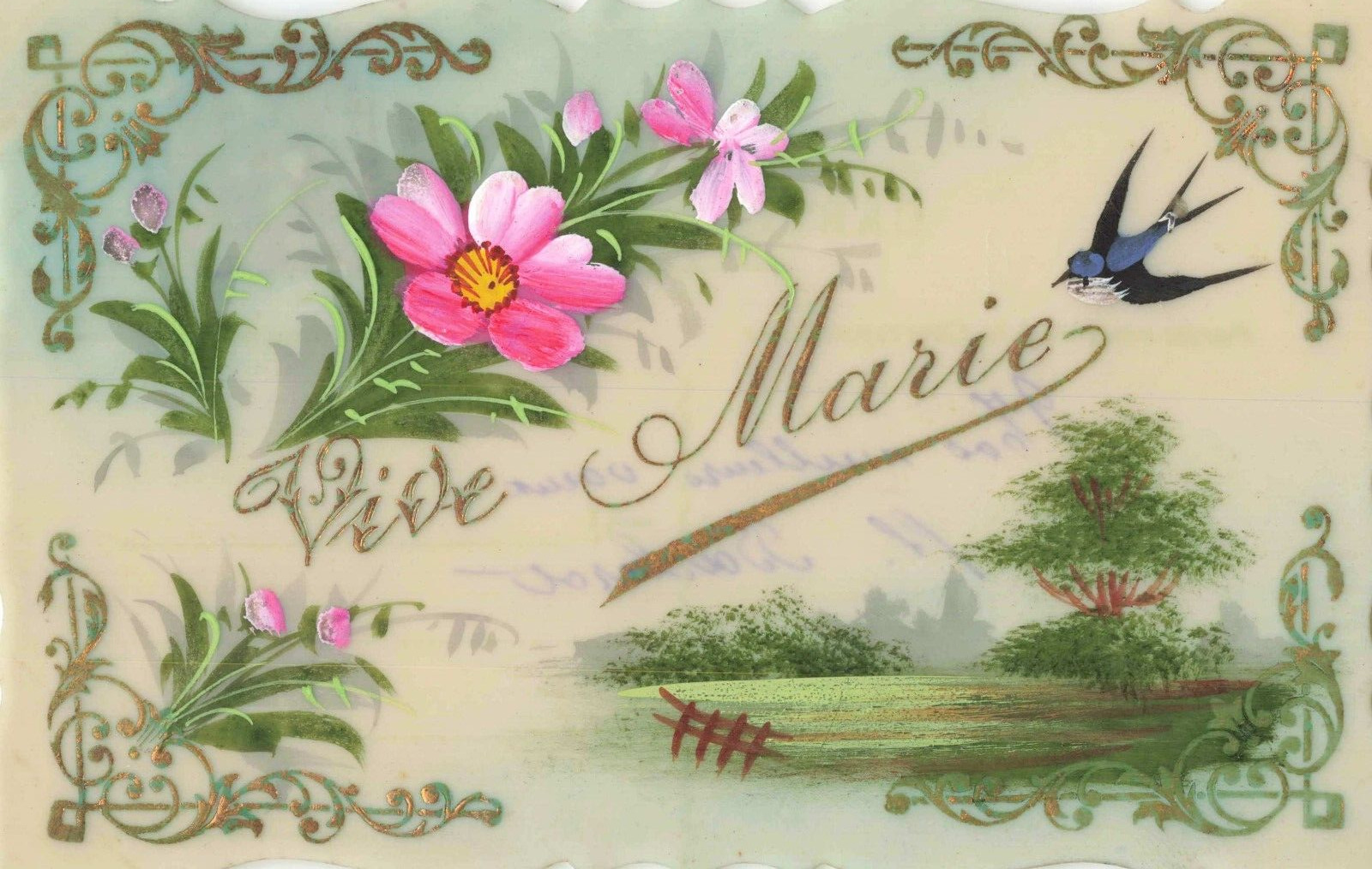 CPA GLACOID FANCY ILLUSTREE VIVA MARIE BIRD & FLOWERS