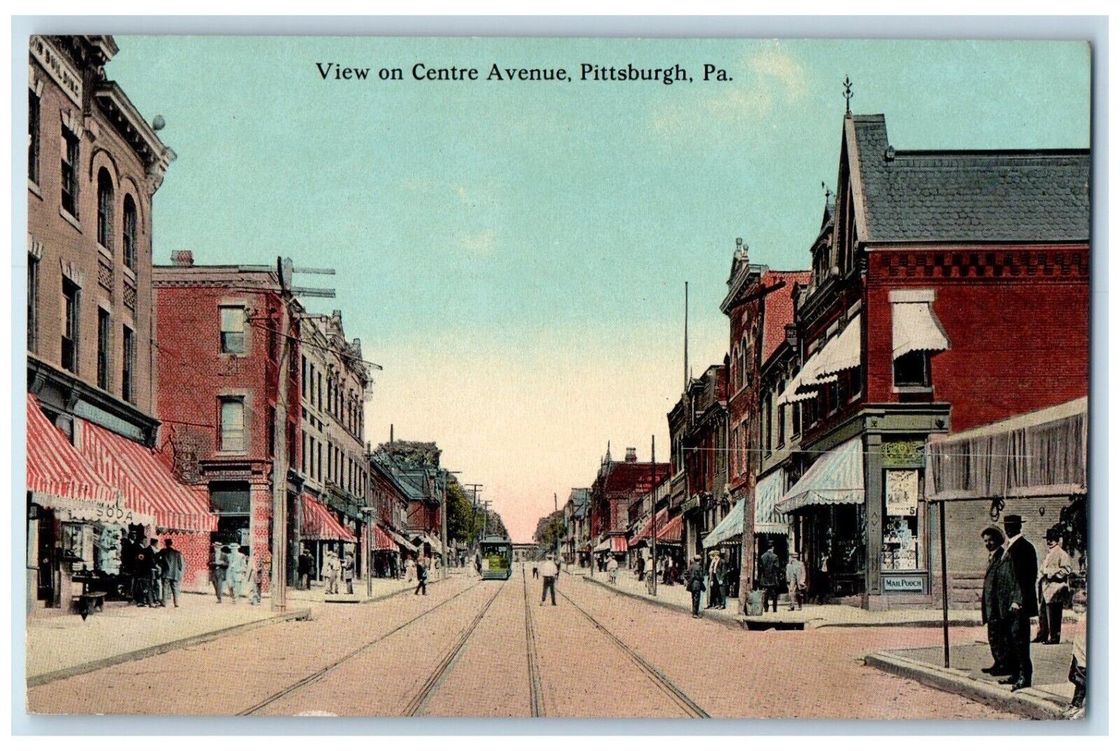 c1910 Trolley Car, View on Centre Avenue Pittsburg Pennsylvania PA Postcard
