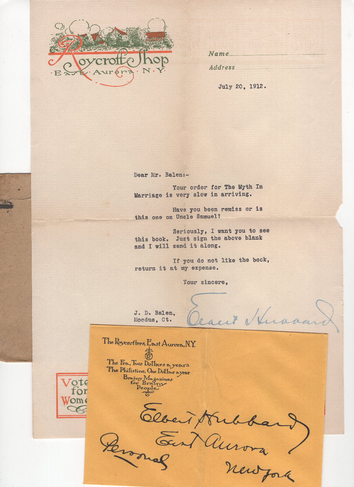 Elbert Hubbard Signed Letter The Roycroft Shop Letterhead Envelope Arts & Crafts