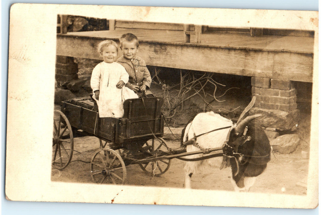 Vintage Antique Postcard RPPC, 2 Children Playing on wagon w/ Goat, 1910's