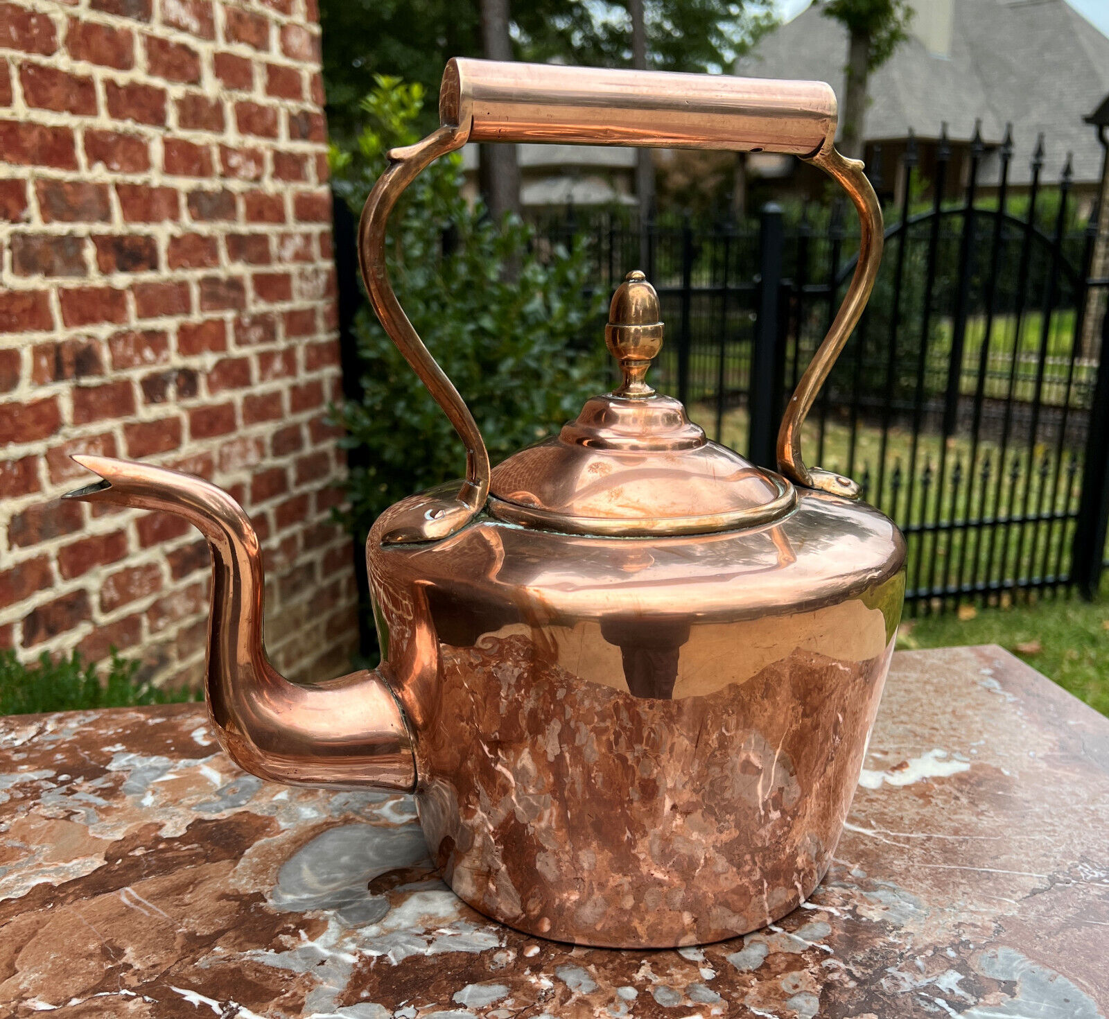 Antique English Copper Brass Tea Kettle Coffee Pitcher Spout Handle #1 c. 1900