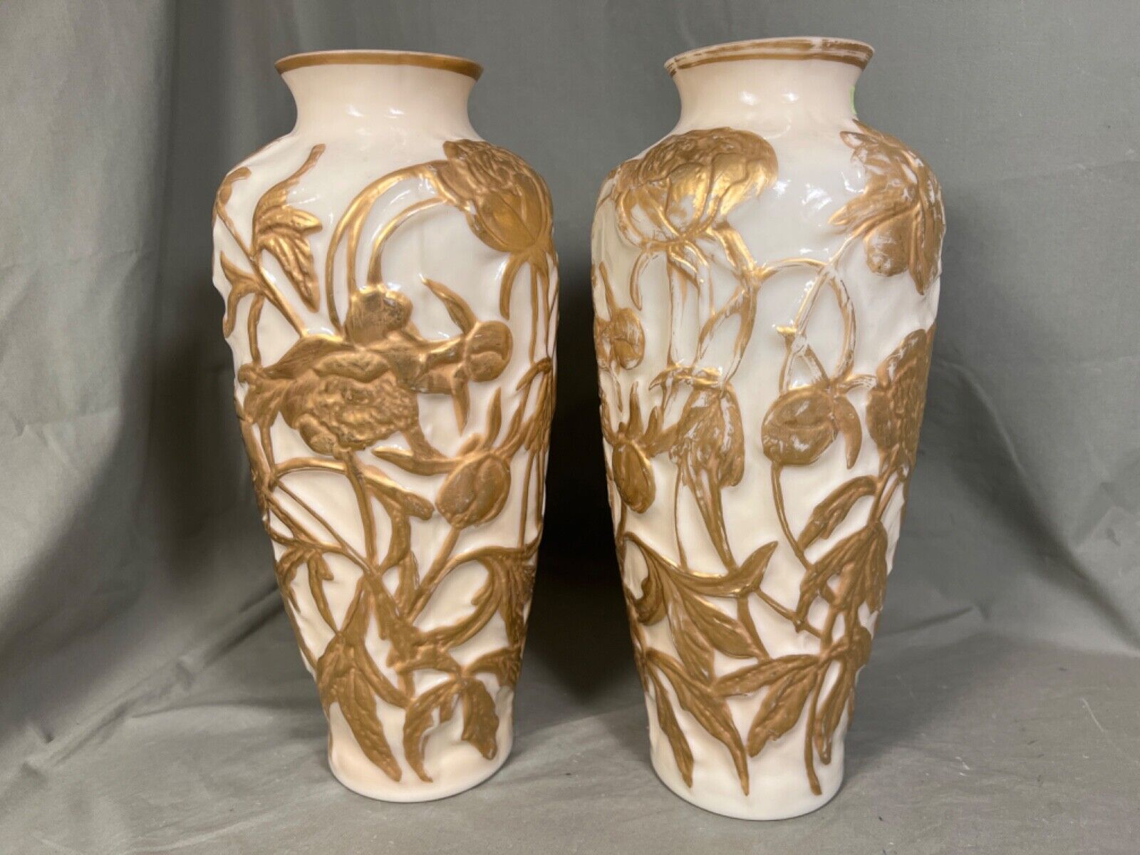 Pair Antique Phoenix Consolidated Glass Vases Gold 1920\'s No Damage