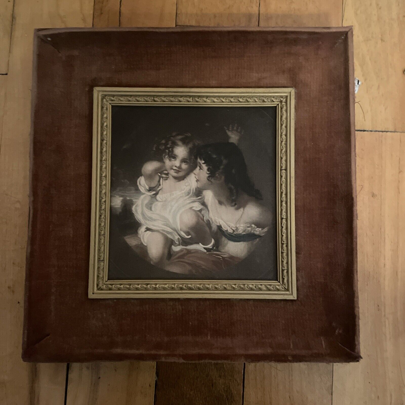 Antique Victorian Framed Art Print Called “Sister’sPortrait” On Velvet Over Wood