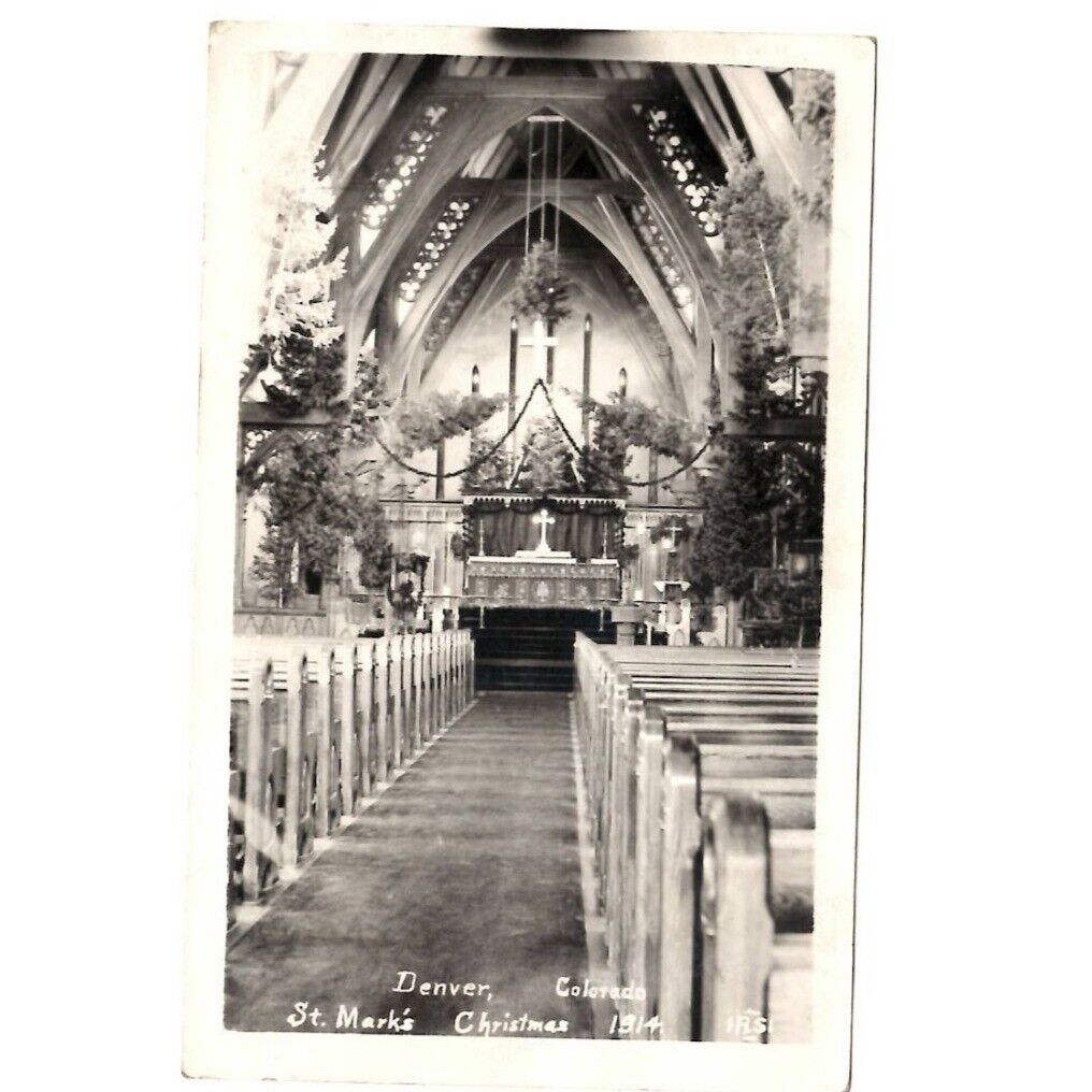 RPPC St.Mark's Christmas 1914 Denver Colorado IRSI Postcard Church Interior