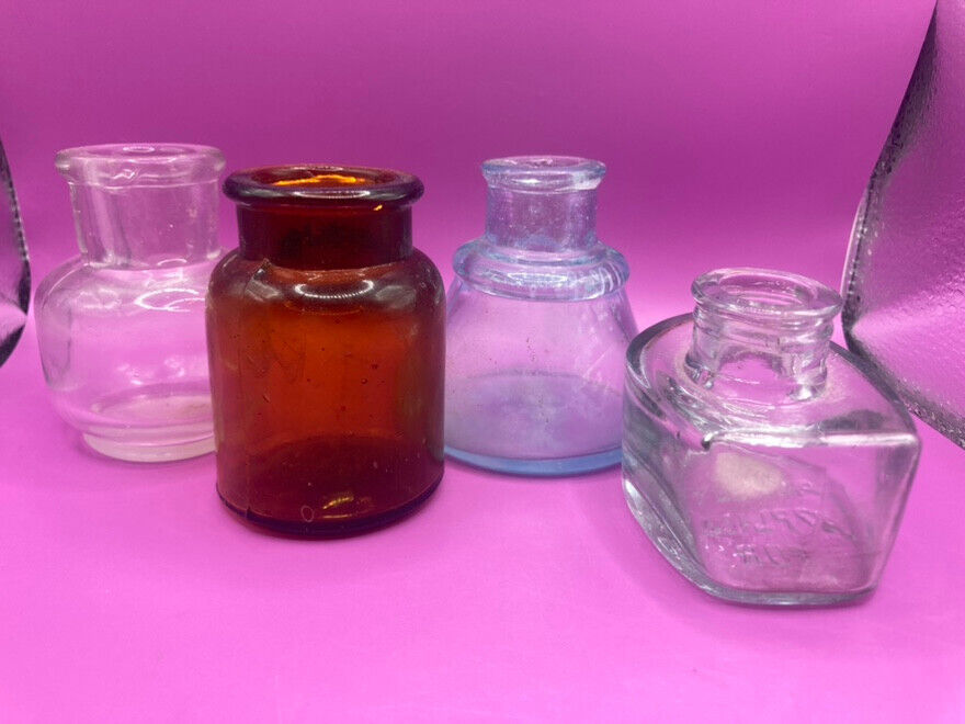 4 Antique & Vintage Glass Ink Well Bottles Unique Aqua Amber Sanford Etc Lot 6