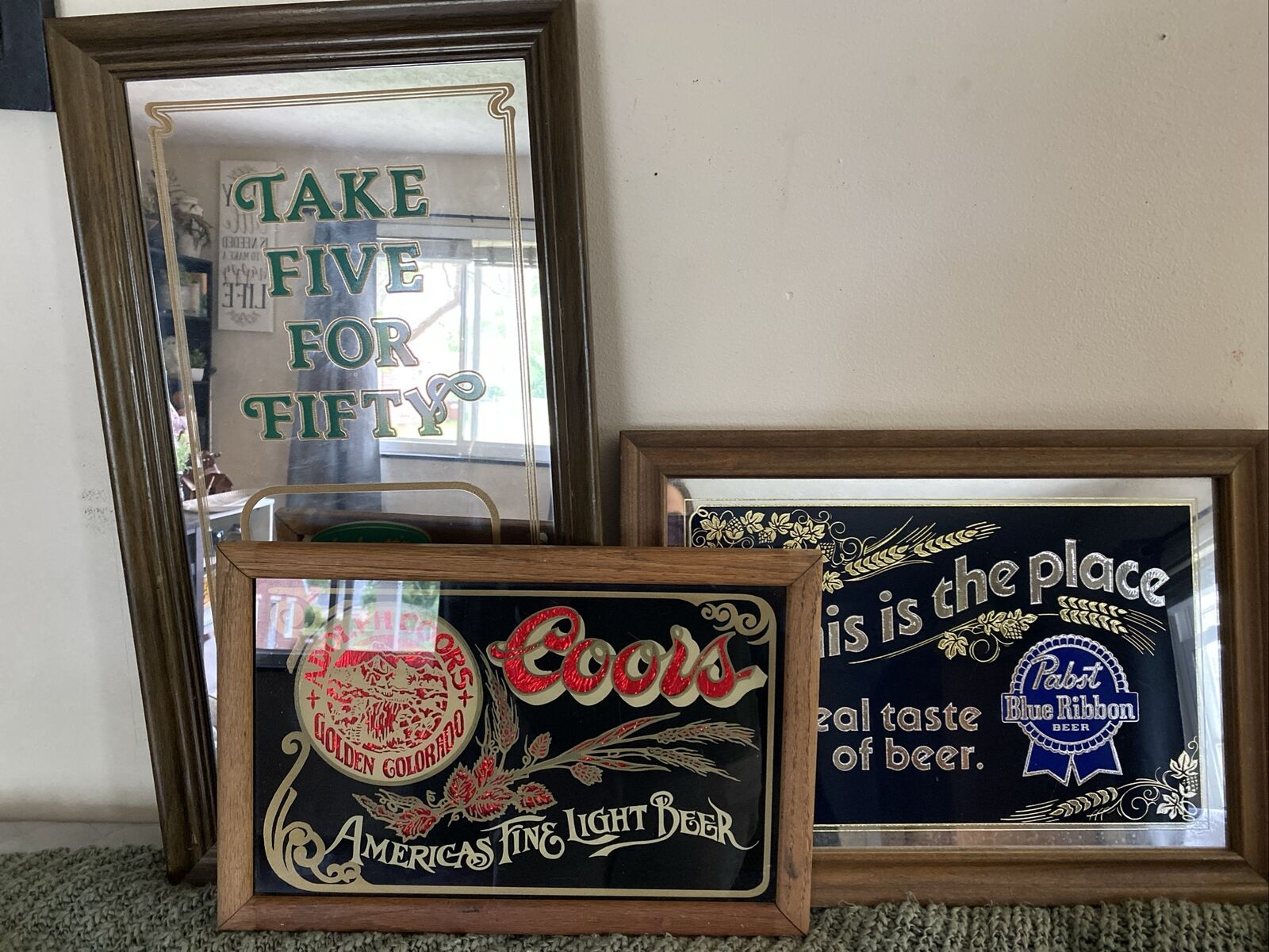 Set Of Three Vintage 1980’s Beer Signs Mirrors Coors, Pabst, Labatt’s Wood Frame