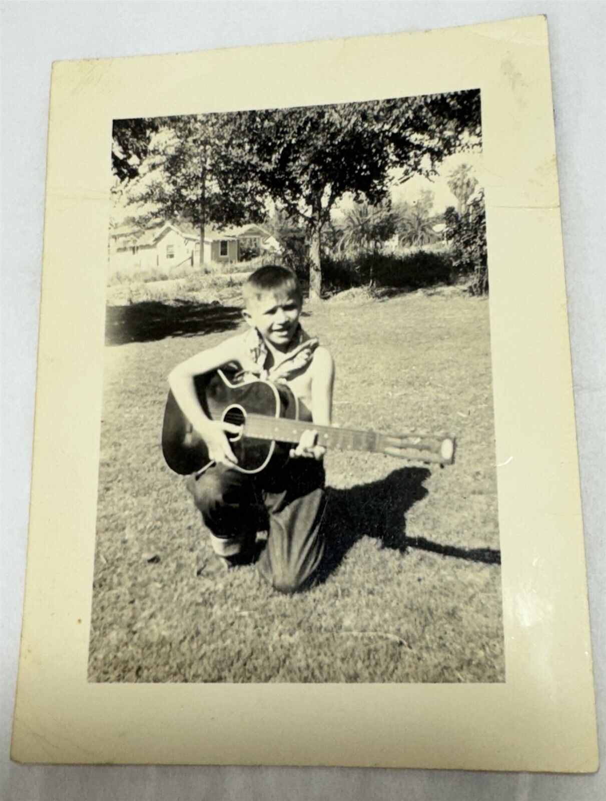Vintage Photograph Young Boy Budding Guitarist Musician 4x2.75