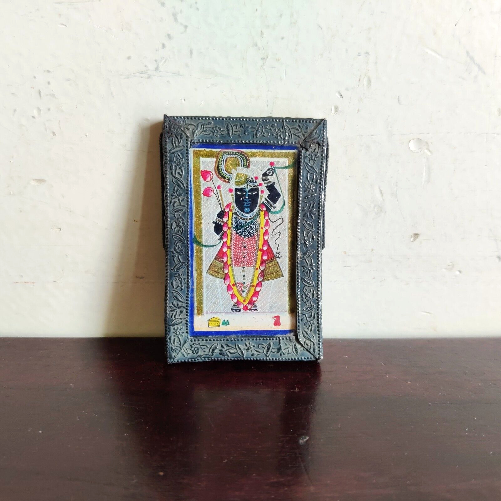 1920s Vintage God Srinath Ji  Hand Painting Silver Frame Decorative Collectible