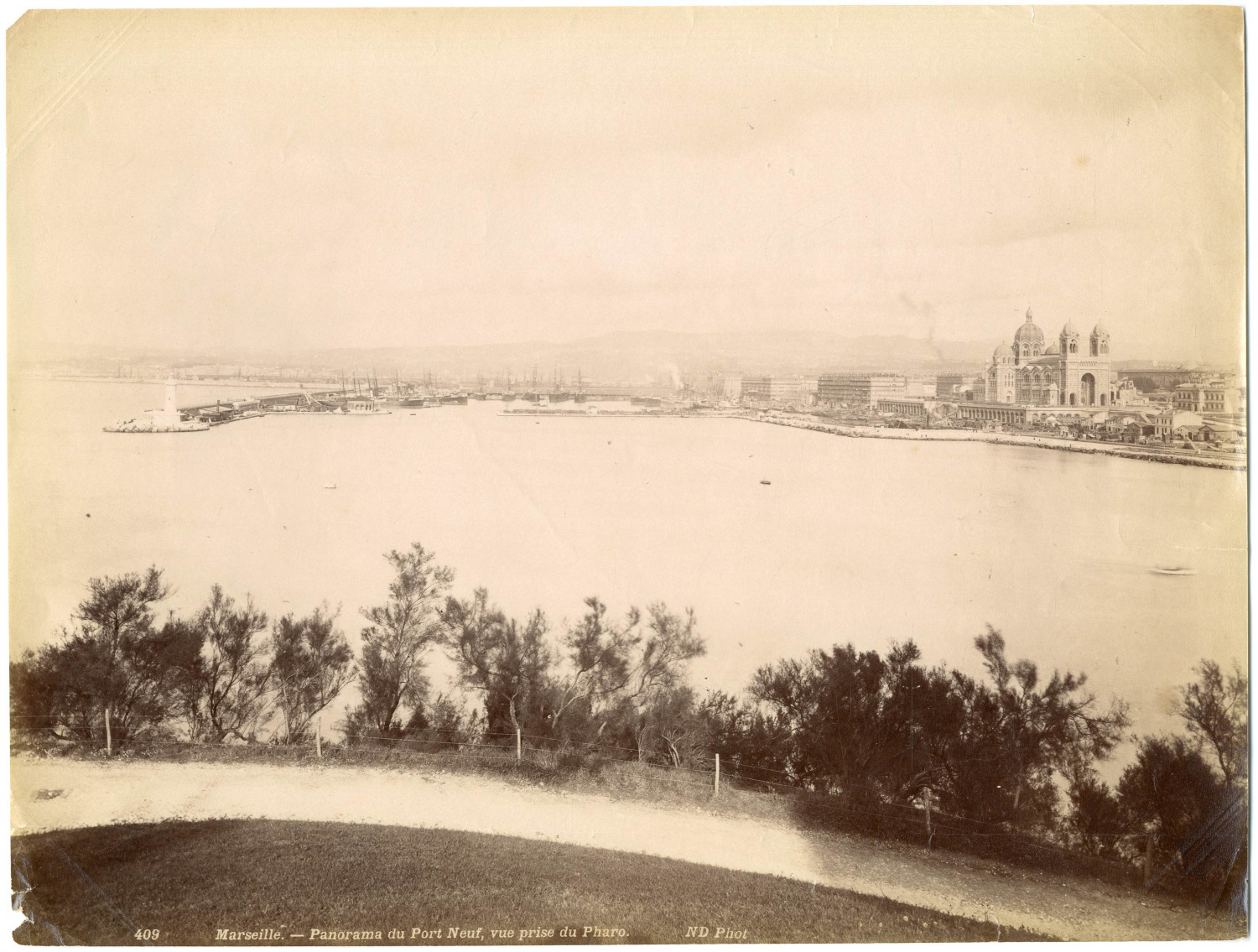 France, Marseille, panorama of the Port Neuf, view taken of the Pharo vintage albumen pr