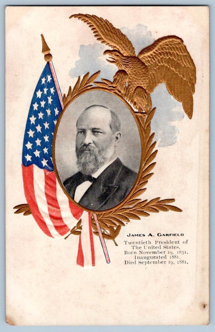 Pre-1907 JAMES GARFIELD EMBOSSED PATRIOTIC GOLD EAGLE AMERICAN FLAG POSTCARD